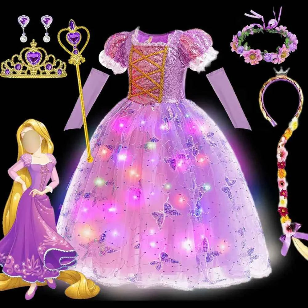 2026 Glowing Rapunzel Costume Girl LED Princess Ball Gown Christmas Light up Tangled Rapunzel Frock Toddler Girl Cosplay Dress