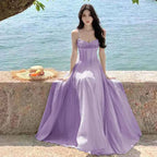 Summer Retro Purple Sexy Sleeveless Backless Ruffles Pleated Slip Dress French Women Green Elegant Party Evening Long Dress Chic