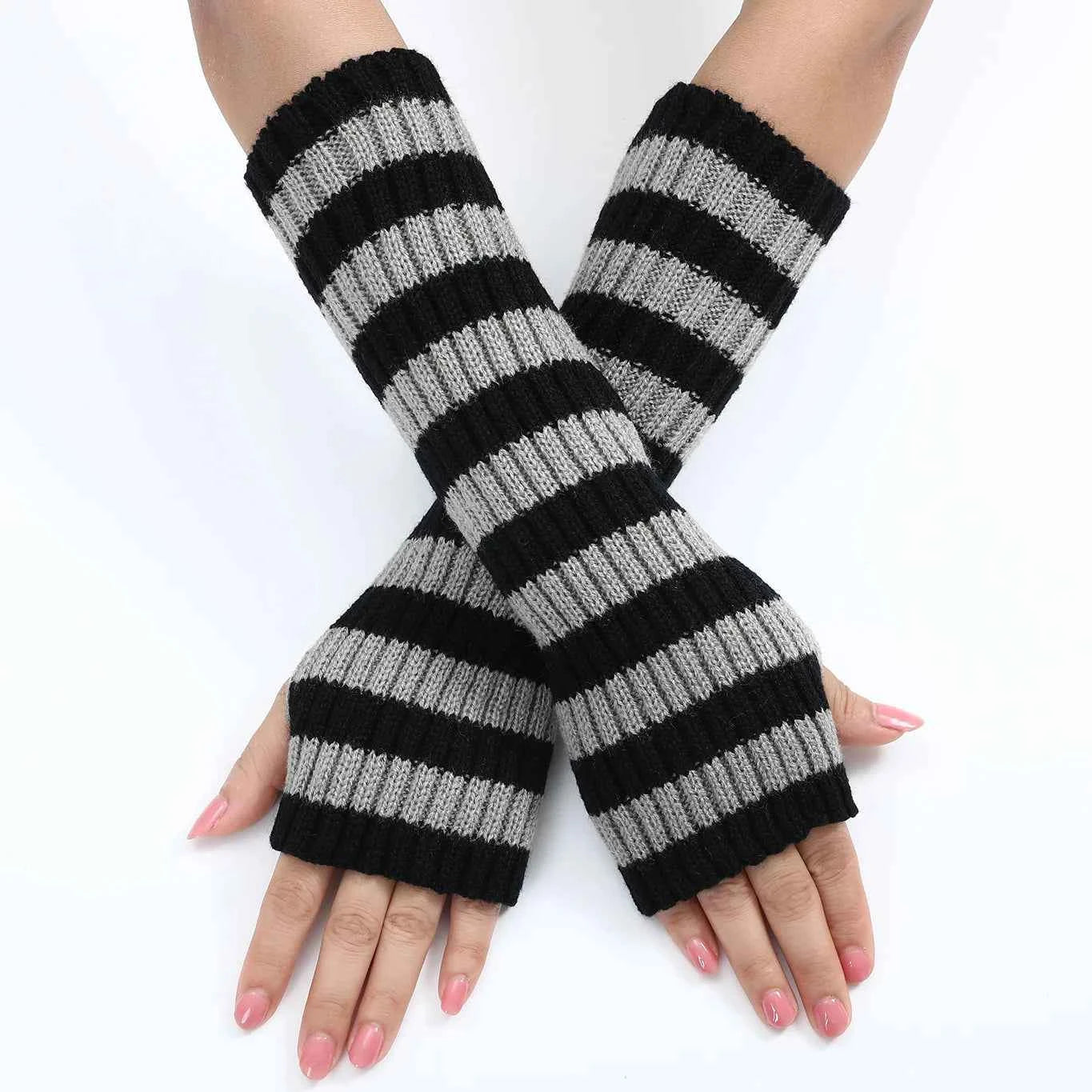 Gothic Striped Knitted Fingerless Arm Sleeves Black White Striped Winter Long Arm Warmers Girls Harajuku Y2K Wrist Gloves