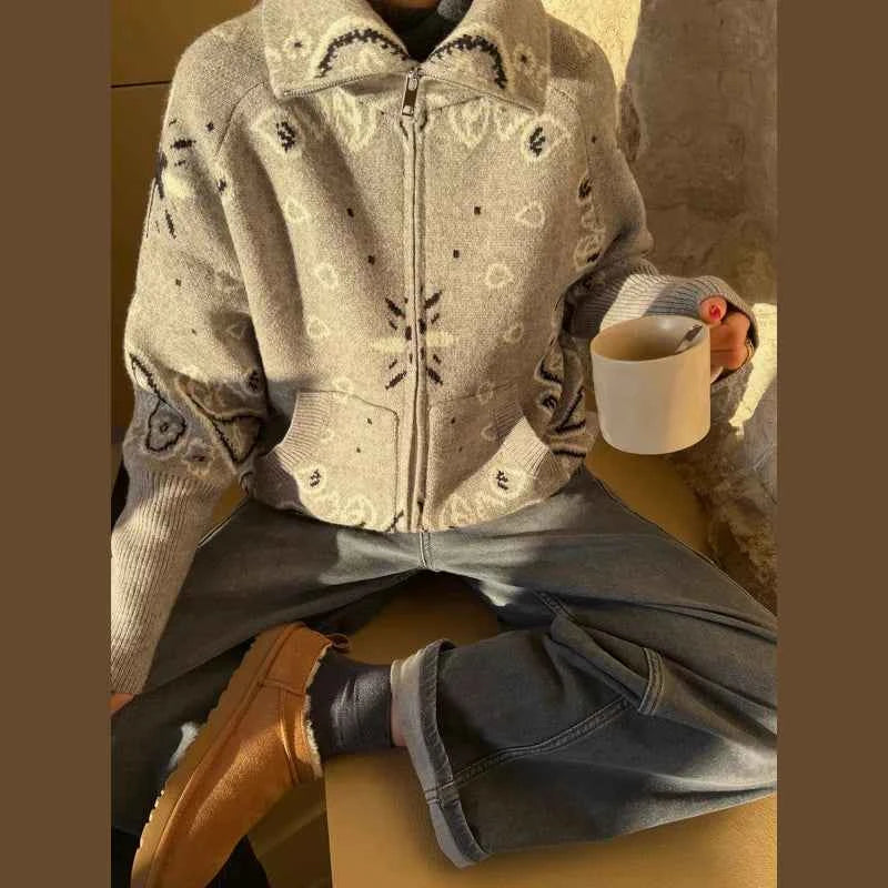 Warm Printed High Collar Knit Cardigans Women Contrast Jacquard Zipper Full Sleeve Pocket Sweater 2026 Spring Lady Chic Knitwear