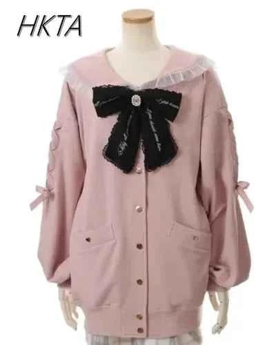 Mine Series Japanese Embroidery Bow Sail Collar Black Long Sweatshirt Coat Women Hoodie Lolita Sweet Girls Pink Hoodies Jacket