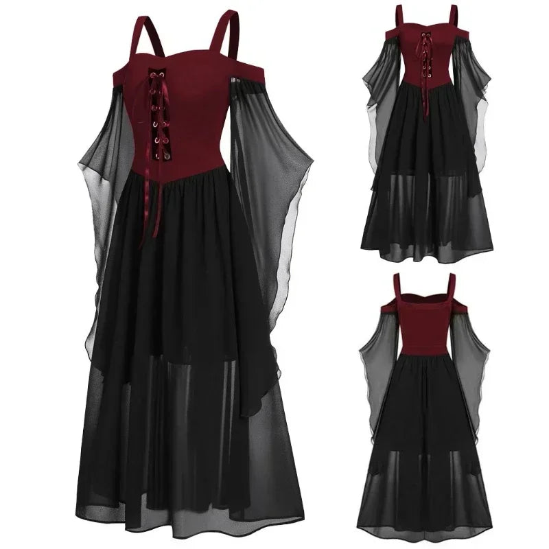 New Medieval Witch Dress for Women Halloween Carnival Women Plus Size Cold Shoulder Butterfly Sleeve Halloween Gothic Dress