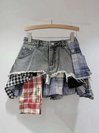DEAT Women's Denim Skirt Colored Plaid Patchwork Irregular Deconstructed A-line High Waist Mini Skirt 2025 Summer New Fashion SS69