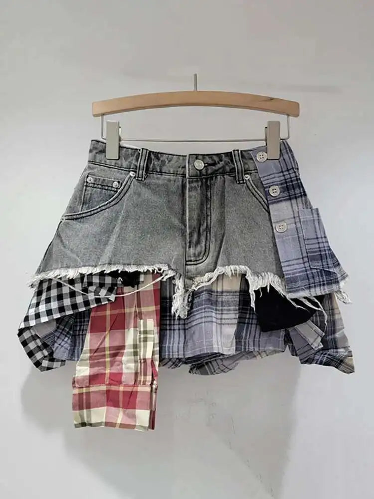 DEAT Women's Denim Skirt Colored Plaid Patchwork Irregular Deconstructed A-line High Waist Mini Skirt 2025 Summer New Fashion SS69