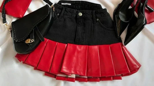 Y2K Womens Street Clothing Heart shaped Leather Clothing Two Punk Jacket Cut Denim Patchwork Retro Pleated Mini Skirt Jacket Set SS69 43.69 Skirt2 / XL