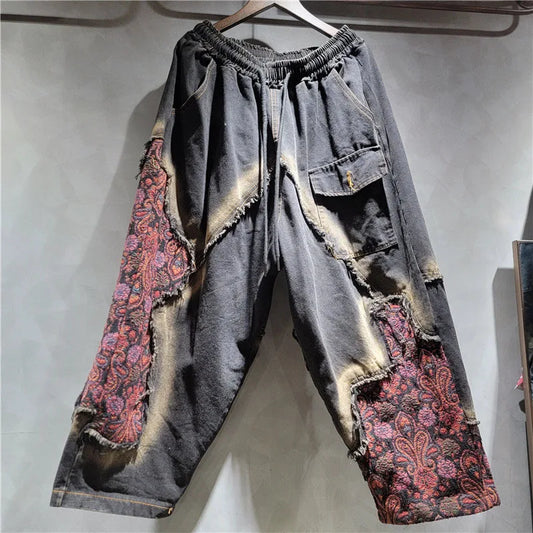 DEAT Women's Patchwork Denim Hooded Jacket and High Waist Wide Leg Pants Set