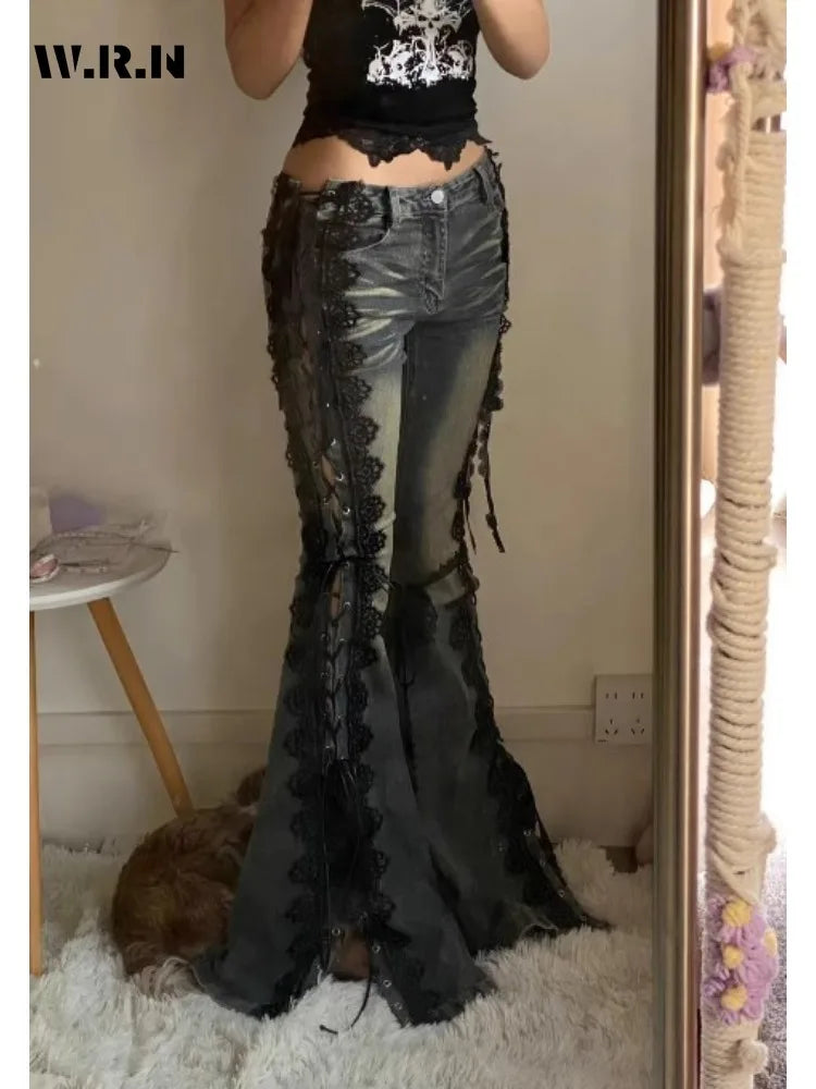 Retro Eyelets Lace Up Flare Jeans Stitch Lace Whiskers Low Rise Split Bootcut Pants Women Bell Bottoms Streetwear Y2k Aesthetic SS69