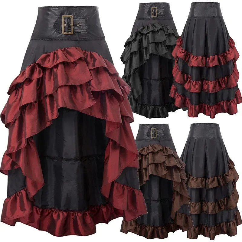 Cosplay Vintage Steampunk Dress Victorian Medieval Ruffled Satin Lotus Trim Gothic Skirts Women Corset Skirt Pirate Costumes SS69