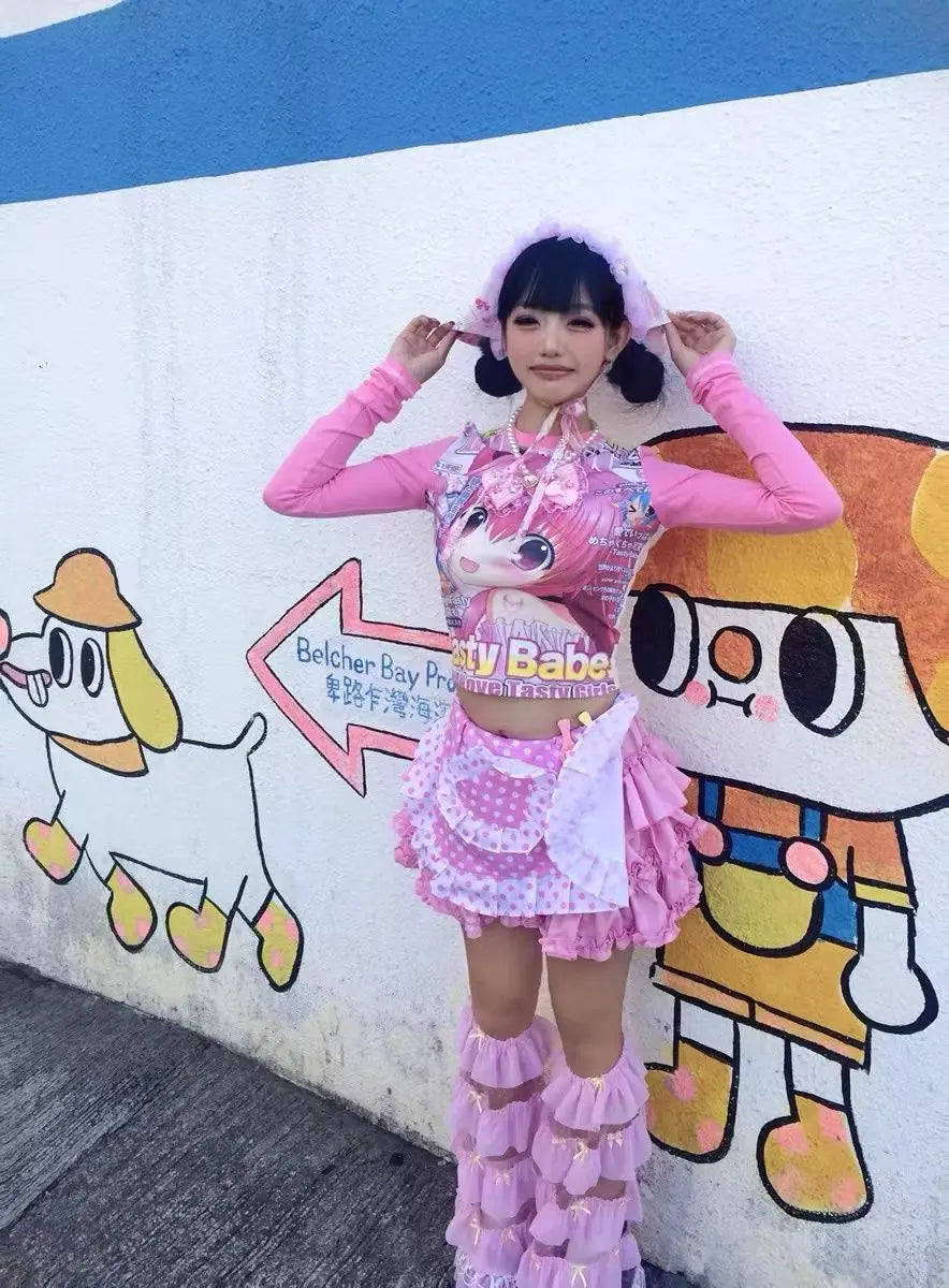 Deeptown Harajuku Kawaii Anime Graphic T Shirts Women Cutecore Cartoon Patchwork Tees Y2K Aesthetic Slim Crop Top Japanese 2000s SS69