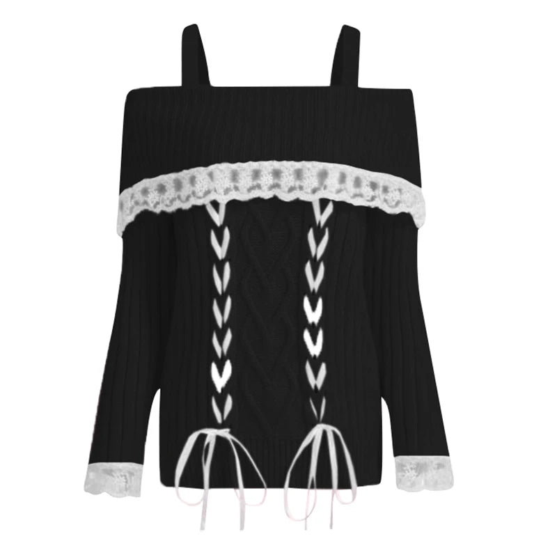 Pretty Cute Outfits Harajuku Cosplay Sweater Kawaii Lace Trim Off Shoulder Pullovers Y2K Aesthetic Vintage Long Sleeve Jumpers SS69