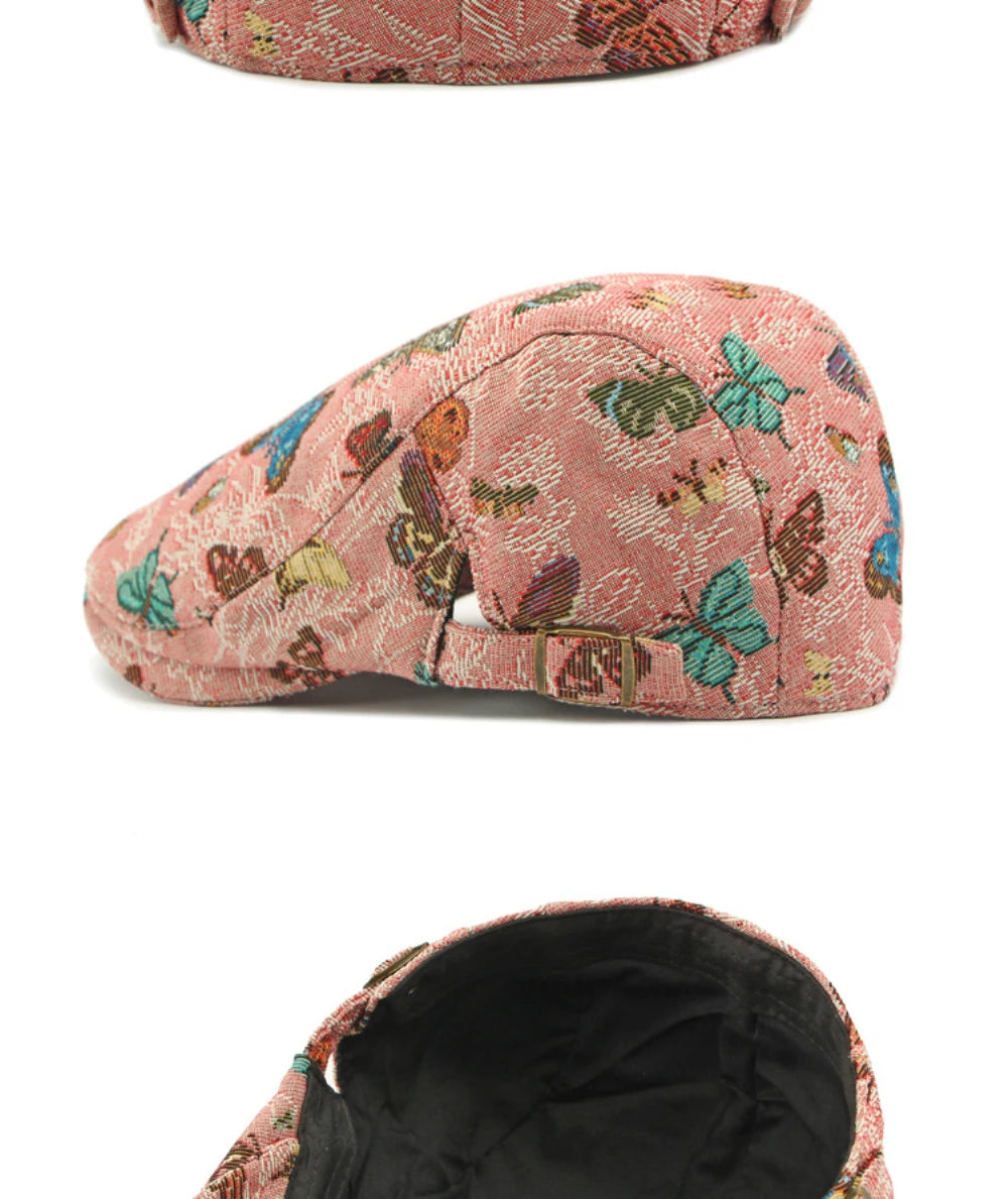 Women's Butterfly Embroidery Cotton Beret Hat - Adjustable Painter Cap
