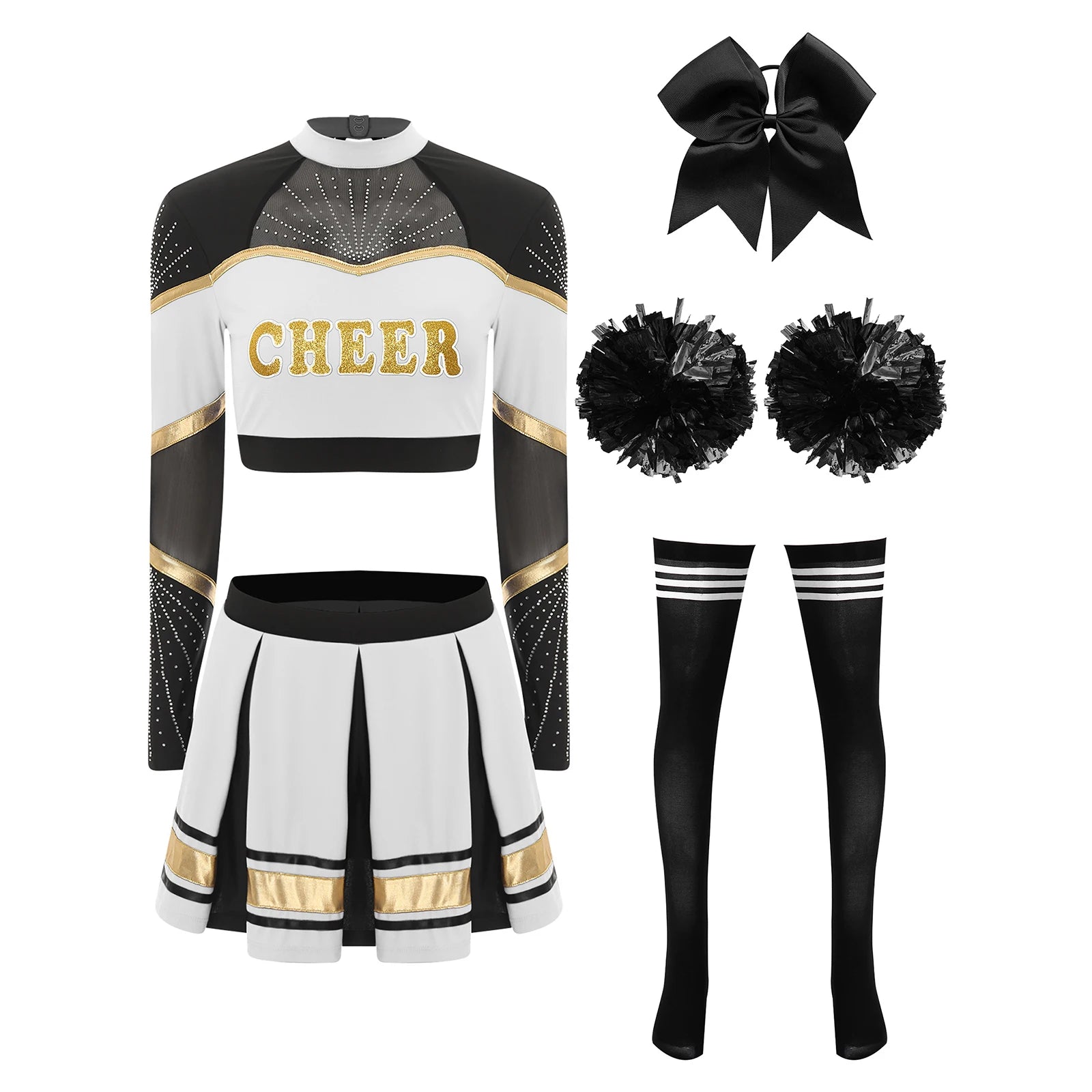 Women's black, white, and gold cheerleading costume with crop top, skirt, pom-poms, bow, and socks.