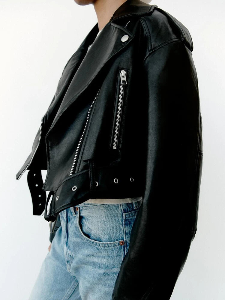 Ailegogo Women's Faux Leather Moto Jacket with Belt