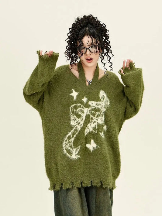 Winter American New Green Bow Neck Sweater Women Loose Print Pattern Vintage High Street Lazy Wind Knitted Sweater SS69 45.69 INS-1 / M