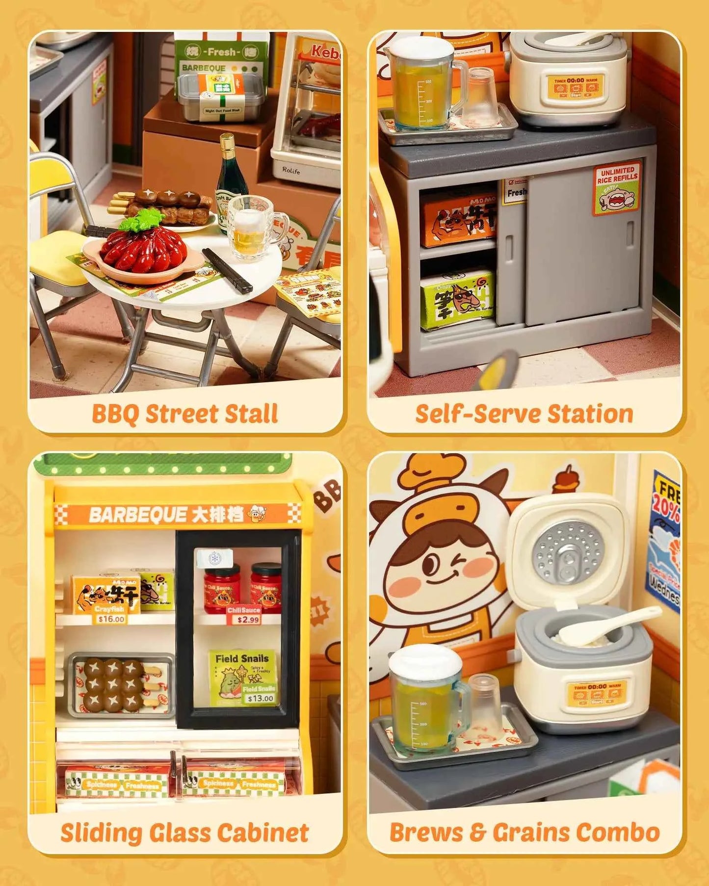 Rolife Night Out Food Stall DIY Modern Miniature House Themed Restaurant Assembly Model Kit For Model Enthusiasts Kids Adults