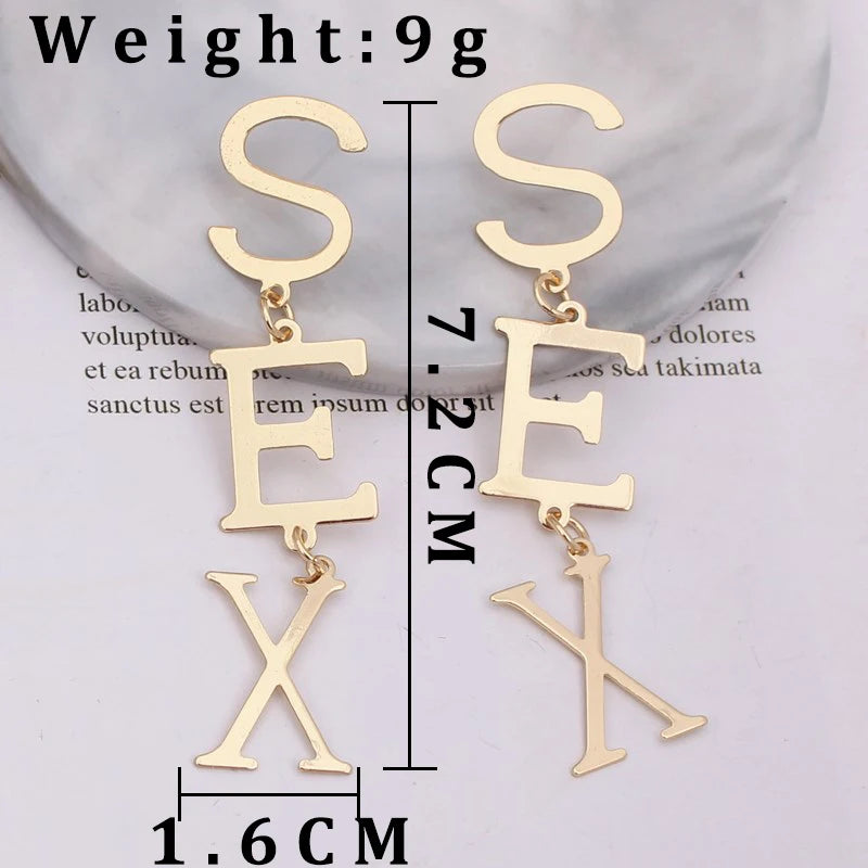 Punk Letter SEX Shape Dangle Earrings for Women Vintage European Metal Drop Earrings Golden Silver Color Black Red Green Jewelry SS69 5.69 ES1263 / other