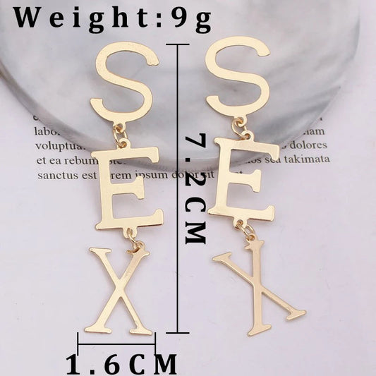 Punk Letter SEX Shape Dangle Earrings for Women Vintage European Metal Drop Earrings Golden Silver Color Black Red Green Jewelry SS69 5.69 ES1263 / other