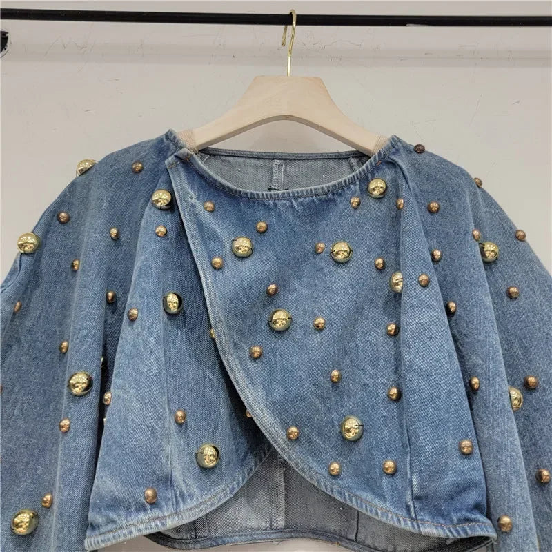 Spring Autumn Women Rivets Long Lantern Sleeve Denim Coat Short Pearls Beading Jeans Bomber Jacket Cowboy Cardigan Tops 2023 SS69