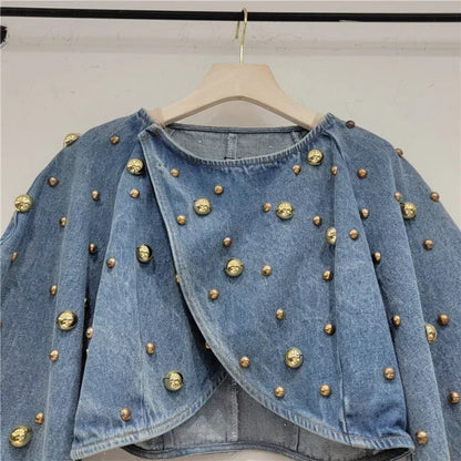 Spring Autumn Women Rivets Long Lantern Sleeve Denim Coat Short Pearls Beading Jeans Bomber Jacket Cowboy Cardigan Tops 2023 SS69