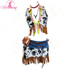 Mobbunny Women Cowgirl Tassel Suit Hippie Style Cosplay Costume Cow Denim Top and Skirt with Gloves Belt Halloween