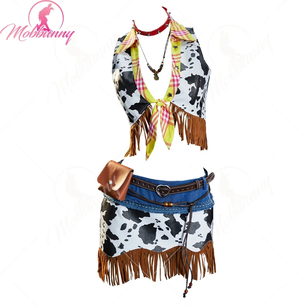 Mobbunny Women Cowgirl Tassel Suit Hippie Style Cosplay Costume Cow Denim Top and Skirt with Gloves Belt Halloween