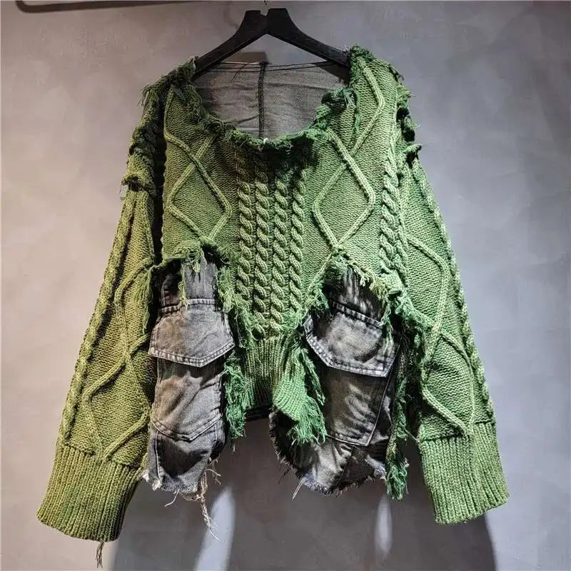 DEAT Women's Patchwork Denim Pullover Sweater, Long Sleeve Loose Knit Top