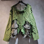 DEAT Women's Patchwork Denim Pullover Sweater - Loose Knit Top