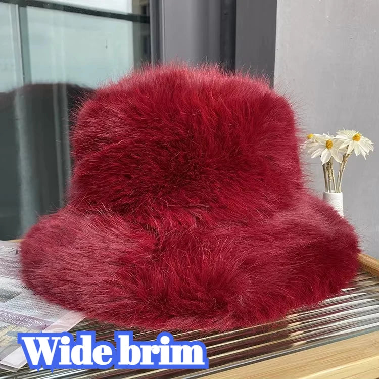 Women's Fluffy Faux Rabbit Fur Bucket Hat - Warm Plush Winter Cap