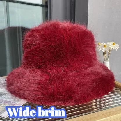 2025 Fluffy Faux Fur Bucket Hats Women Rabbit Fur Warm Thick Plush Winter Hat Lady Fashion Luxury Panama Furry Fisherman Cap Y2k
