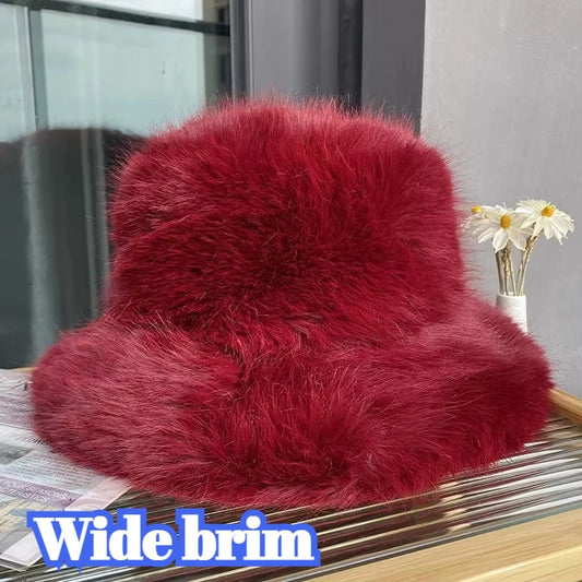 2025 Fluffy Faux Fur Bucket Hats Women Rabbit Fur Warm Thick Plush Winter Hat Lady Fashion Luxury Panama Furry Fisherman Cap Y2k