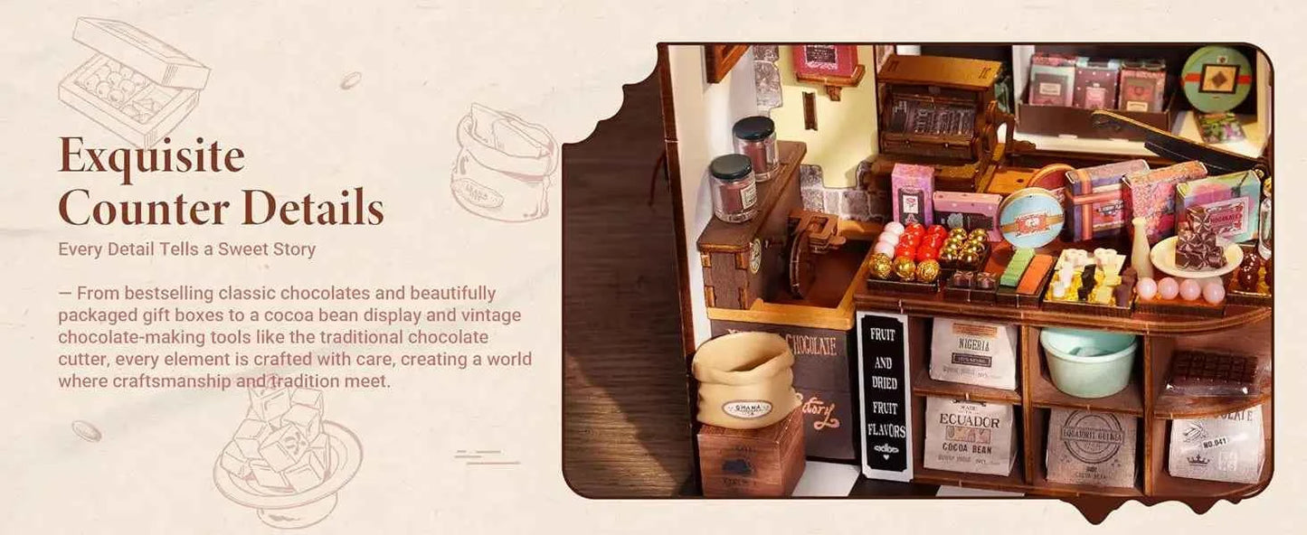 Robotime Rolife Henry's Chocolate DIY Miniature House Kit  Wooden Dollhouse Model Building Kit With LED Craft Gifts for Adults