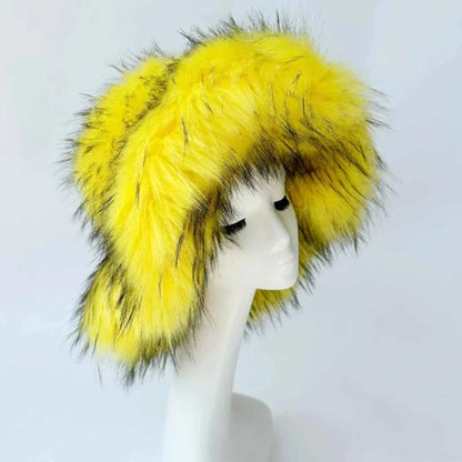 Luxury Fluffy Women Faux Fur Bucket Hats Oversized 17cm Wide Brim Thicken Outdoor Warm Plush Punk Hat Girl Y2k Female Ski Panama