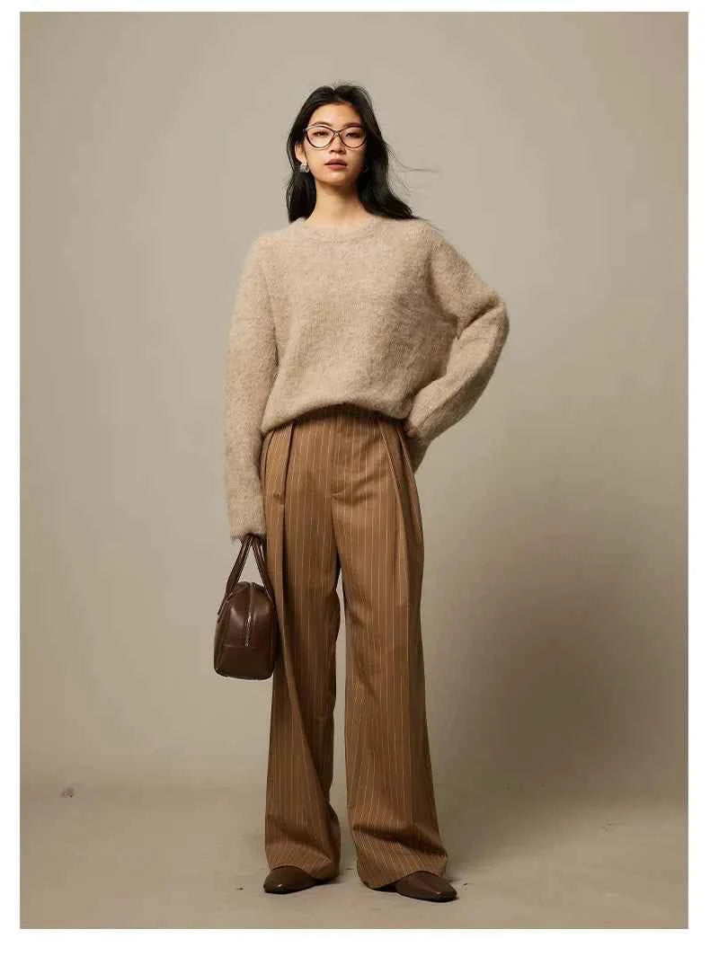 Warm Alpaca Pullovers for Woman, Dropped Sleeved Loose Sweaters, 2025 Fall Winter Top, Camel, Beige