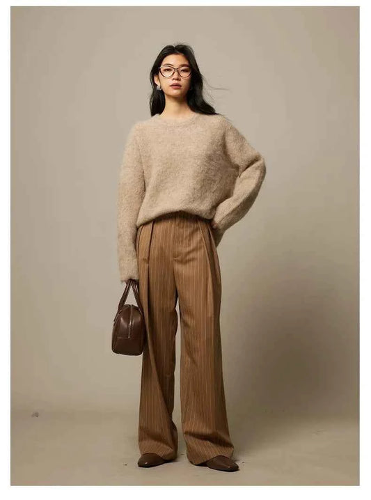 Warm Alpaca Pullovers for Woman, Dropped Sleeved Loose Sweaters, 2025 Fall Winter Top, Camel, Beige