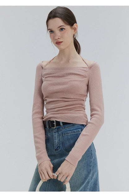 EGGKA Autumn One-shoulder Halter Neck Knitted Tops Women Slim Designer T-Shirts Slash Neck Long Sleeve Tops Korean Fashion Tees - SS69