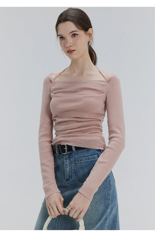 EGGKA Autumn One-shoulder Halter Neck Knitted Tops Women Slim Designer T-Shirts Slash Neck Long Sleeve Tops Korean Fashion Tees - SS69
