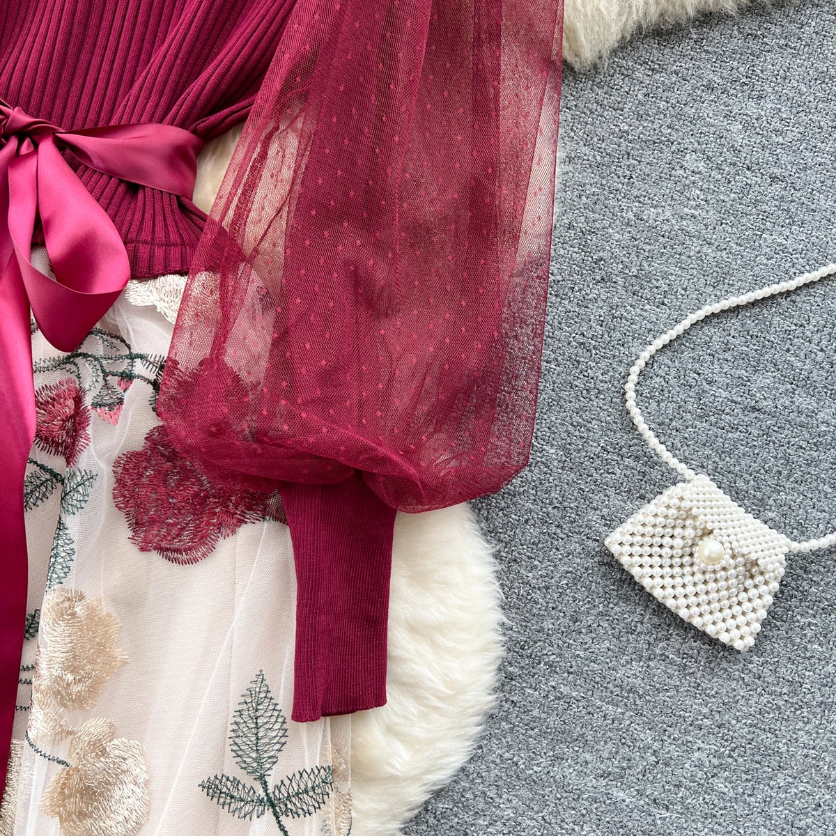 SINGREINY Senior Knitted Patchwork Dress Long Lantern Sleeves Bow Mesh Embroidery Floral Women Autumn France Elegant Party Dress