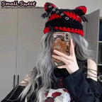 Women Winter rock Gothic Devil Pin Striped Cat Ear Grunge Beanie Hat fur ball Harajuku Punk Knitted Hat Chic Streetwear Hat