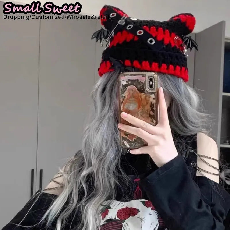 Women Winter rock Gothic Devil Pin Striped Cat Ear Grunge Beanie Hat fur ball Harajuku Punk Knitted Hat Chic Streetwear Hat