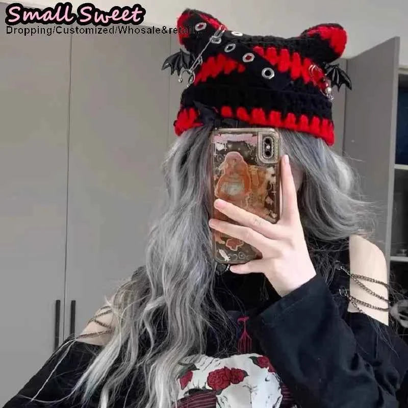 Women Winter rock Gothic Devil Pin Striped Cat Ear Grunge Beanie Hat fur ball Harajuku Punk Knitted Hat Chic Streetwear Hat