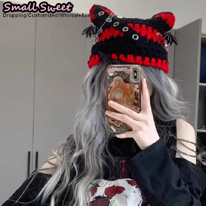 Women Winter rock Gothic Devil Pin Striped Cat Ear Grunge Beanie Hat fur ball Harajuku Punk Knitted Hat Chic Streetwear Hat