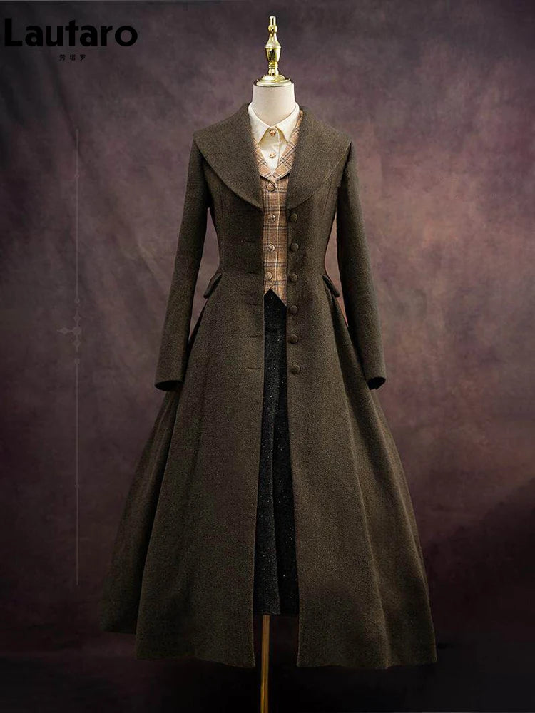 Lautaro Autumn Winter Long Warm Wool & Blends Coat for Women Shawl Collar Single Breasted Elegant Fit and Flare Woolen Overcoat