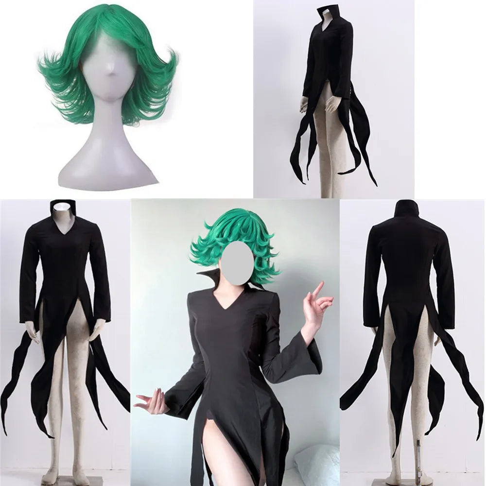 RZCOSYZH Women's Tatsumaki Anime Cosplay Costume Black Polyester Dress
