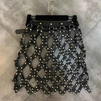 2023 Autumn New Pu Leather Skirt Women Sexy Diamond Grid Hollowed Out PU Skirt Outwear Nigh Club Lady Skirts Mini Mujer