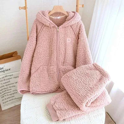 Thick Fluffy New Couple's Pajama Hooded Zipper Sleeping Sleepwear Winter Underwear Set Nightie Warm  Pyjamas Women Loungewear