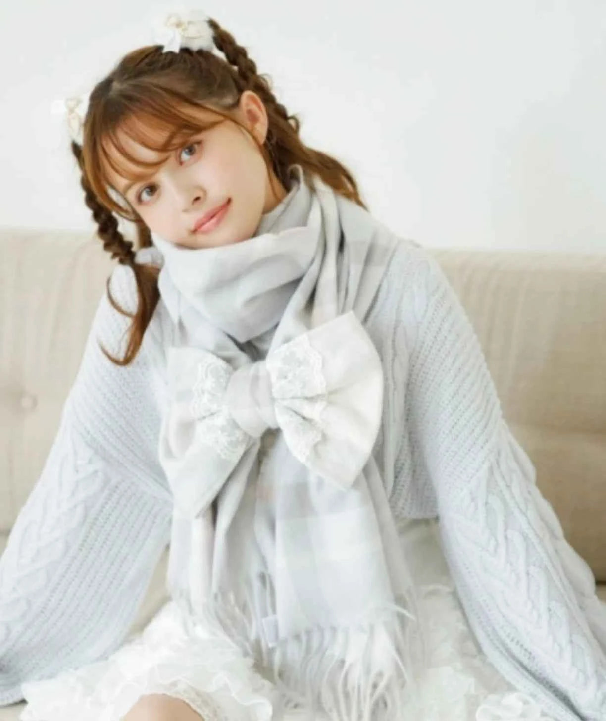 Japanese Liz New Lazy Wind Girls Sweet Plaid Lace Bow Scarf Soft Warm Women's Winter Lolita Scarf