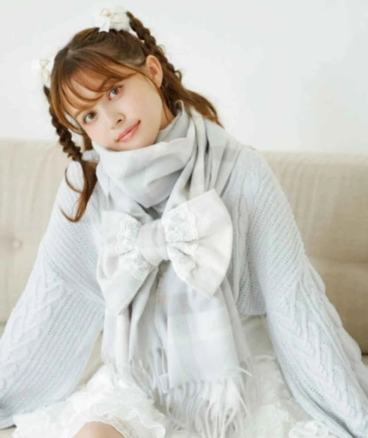 Japanese Liz New Lazy Wind Girls Sweet Plaid Lace Bow Scarf Soft Warm Women's Winter Lolita Scarf