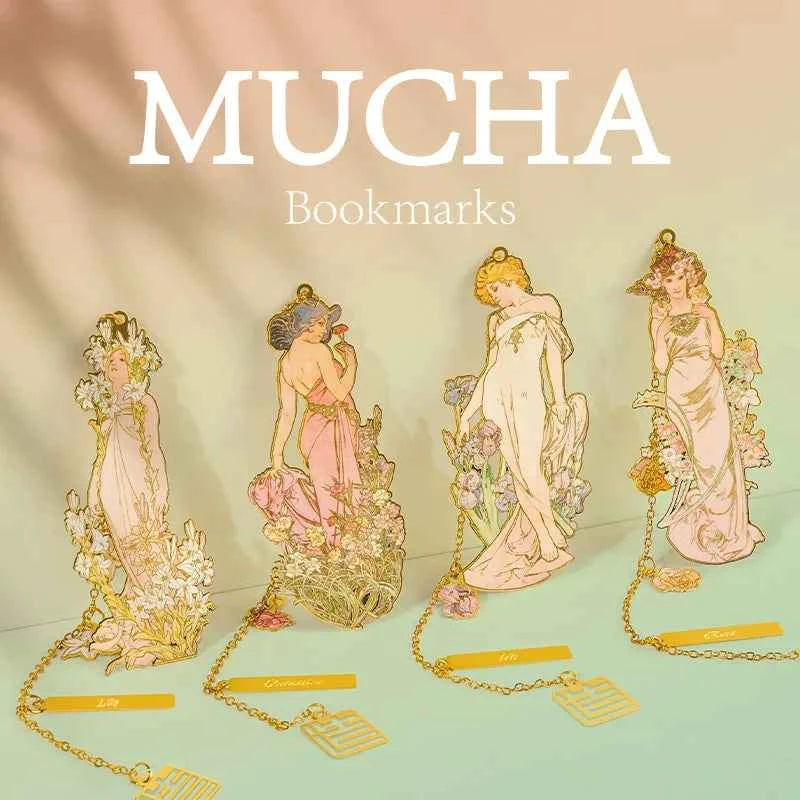 1 Set of 4 Mucha Four Flower Illustration Art Bookmark Gift Box, Literary Retro, Brass Chain Decorative Painting, Holiday Gift