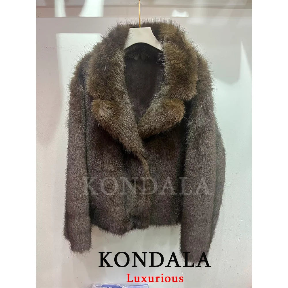 KONDALA Women's Chocolate Brown Leather Jacket with Fur Trim