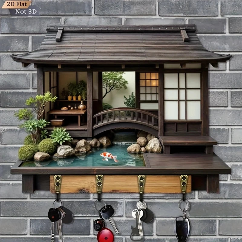 Retro Japanese Wooden Key Holder with 4 Bronze Hooks
